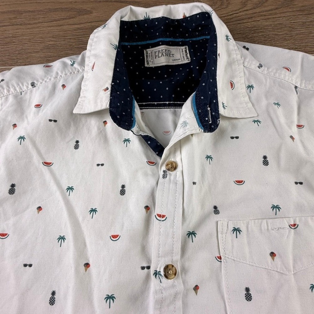 Free Planet Mens White Tropical Print Short Sleeve Button Down Shirt Size Large